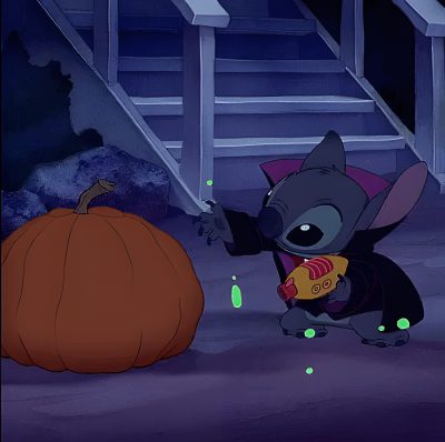 the little mouse is standing next to a pumpkin in front of some stairs and steps Halloween Stitch Gif Witch Costume, Disney Cakes, October Sale, Stitch Halloween Pfp, dark slate gray