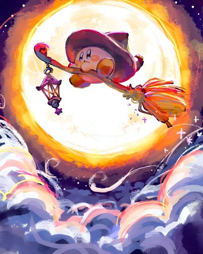 a painting of a witch flying through the air Kirby Halloween Iphone Kirby Mage, Kirby Official Art, Kirby Moon, Kirby Thanksgiving, Kirby Fall, rosy brown