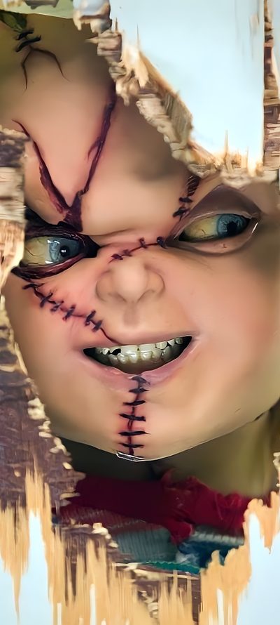 a child's face is shown through the torn up paper with stitches on it Halloween Chucky Scary Chucky, Chucky Drawing, Horror Hd, Chucky Face, Chucky Tattoo, rosy brown