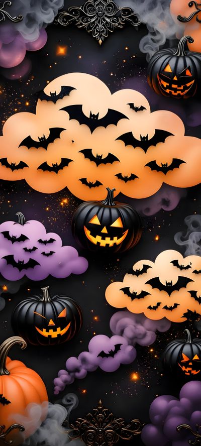 halloween pumpkins with bats and clouds in the sky Halloween Whimsical Bats-large Scary Monsters, Halloween Iphone, Halloween Android, dark slate gray