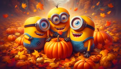 three minion characters sitting on top of pumpkins in the fall leaves, surrounded by falling leaves Minion Halloween Desktop Minions Thanksgiving, Pictures Of Minion Pumpkins, Minion Thanksgiving, brown