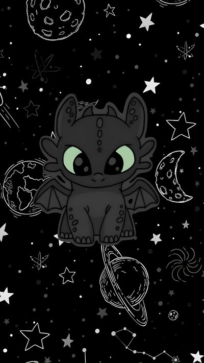 a black background with stars, planets and a little cute creature in the middle of it Halloween Toothless Toothless, Dragon Iphone, Emo, Goth, Stitch Drawing, Images Kawaii, black