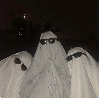 three people in white cloths with sunglasses on their heads and eyes covered by blankets Trio Halloween Three Ghosts Aesthetic, Sibling Trio Matching Pfp, Ghostly Trio, Ghost Trio, dark slate gray
