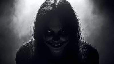 a creepy woman with long hair and dark makeup Horror Background With Scary Monster Halloween Spooky Pc Horror, Horror For Laptop, Scary Computer, dark slate gray