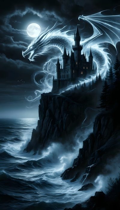 a dragon flying over a castle on top of a cliff in the ocean at night Halloween Dragon Dragons Hd, Dragon Photo, Mythical Dragon Art, Dragons And Castles, dark slate gray