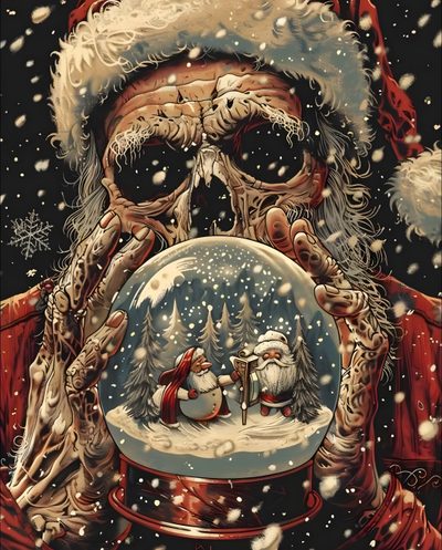 a painting of santa claus looking through a snow globe Halloween Santa Claus Creepy Christmas, Winter Skeleton, Skeleton In Snow, Skeleton Santa, dark olive green
