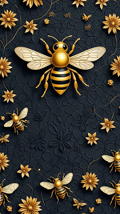 the golden bee is surrounded by flowers and bees on a black background with gold foil Halloween Bees Accent Ideas Bee Background, Bee Backgrounds, Bees Phone, Bee Iphone, dark slate gray