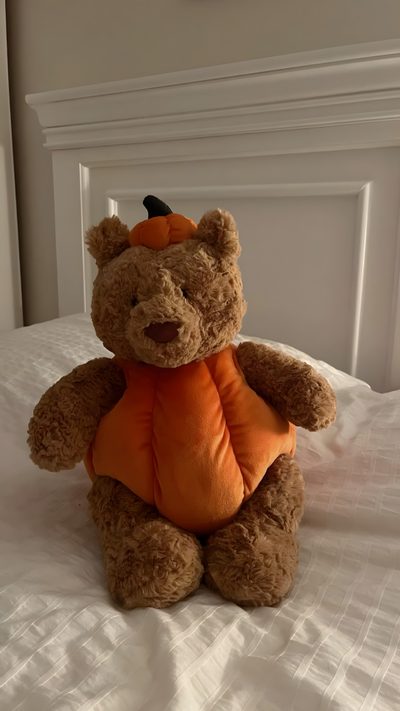 a brown teddy bear sitting on top of a bed Jellycat Halloween Jellycat Plushies, Cutest Jellycats, Pumpkin Teddy Bear Jellycat, Jelly Cat, gray