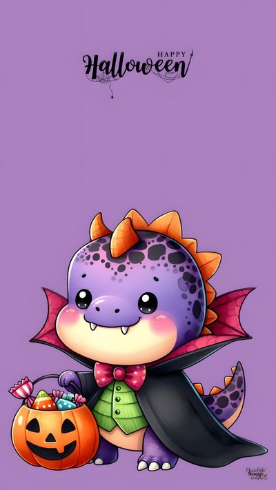 a purple background with a cute little dragon holding a pumpkin and wearing a black cape Cute Halloween Dinosaur Cute Dinosaur Halloween Costume, Halloween Dinosaur Illustration, Halloween Party Decoration Ideas, medium purple