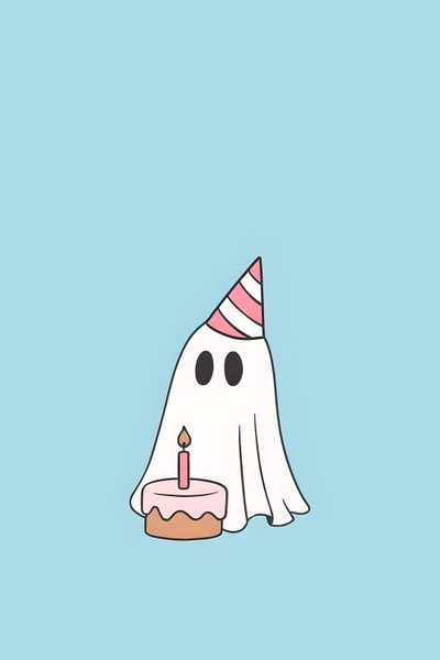 a cartoon ghost with a birthday cake on it's face and wearing a party hat Cute Halloween Birthday Spooky Birthday Aesthetic, Ghost Party Drawing, Party Ghost, light blue