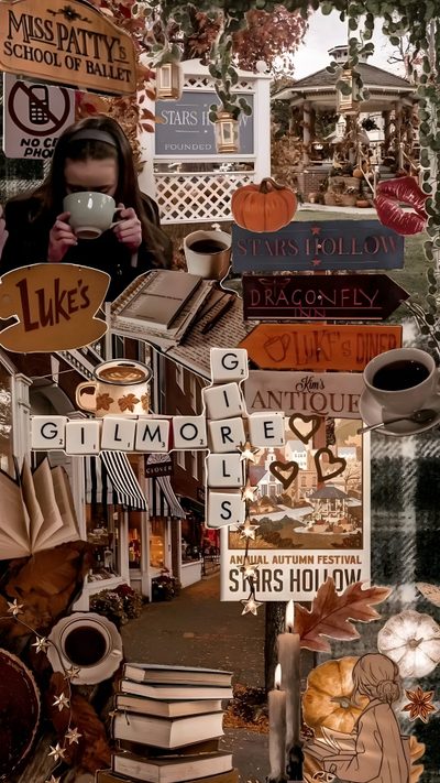 a collage of photos with signs, coffee mugs and other things in the background Halloween Gilmore Tv Shows Aesthetic, Giomore Girls, Fall Posters Aesthetic, dark olive green