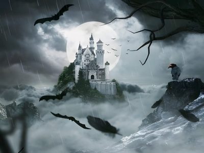 a castle in the sky with bats flying around Halloween Live Pc Werewolf Castle, Night Sky Hd, Spooky Castle With Clouds, slate gray