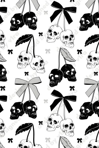 black and white skulls with bow ties on them are all over the place for this wallpaper Black And White Halloween Skulls In Bow Skull, Spooky Designs, Halloween, Halloween Patterns, Cherry,