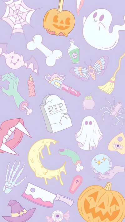 a purple background with lots of different halloween items on top of each other, including pumpkins and ghost heads Pastel Halloween Phone Pink And Purple Halloween, Halloween Cute Aesthetic, Spooky Pastel Aesthetic, thistle
