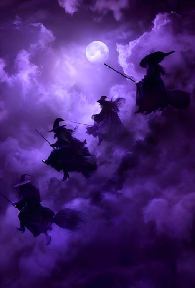 three witches riding on horses in front of a full moon with purple clouds behind them Halloween Purple Witch Halloween Pictures Purple, Purple Witches Text On Dark Background, Merlin Wizard Halloween Rainbow Purple, midnight blue