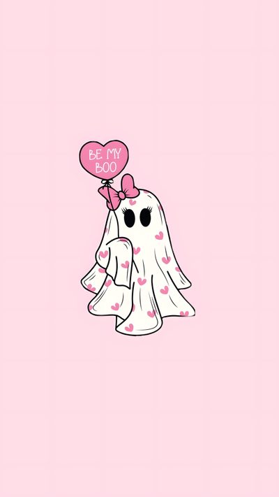 a cartoon ghost holding a heart shaped balloon Pink Bow Halloween Pastel, Ghost And Bows, Cute Pink Halloween Phone Background, misty rose