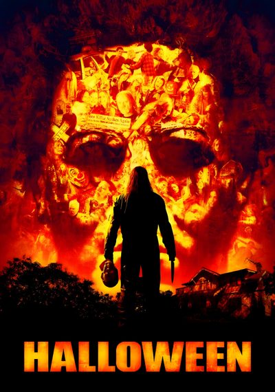 a movie poster for halloween with a man in front of a fire and flames background Halloween 2007 Rob Zombie, Halloween 2007, The Boogeyman, Halloween Movies, Rob Zombie Michael Myers, maroon