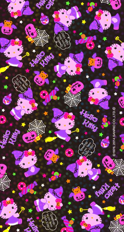 a black background with hello kitty and skulls on it Purple Hello Kitty Halloween Halloween Hello Kitty For Ipad, Halloween Hello Kitty Computer, Sanrio Halloween Iphone, black