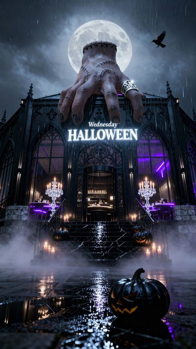 a halloween scene with a giant hand on top of a building Wednesday Halloween Halloween Business Marketing Ideas, Halloween Event Poster, Party Design Poster, dark slate gray