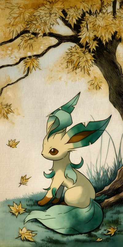 a painting of a pokemon sitting under a tree Leafeon Halloween Ninetales, Pokemon Asthetic, Forest Pokemon, Leafeon Iphone, Leafeon, dark khaki