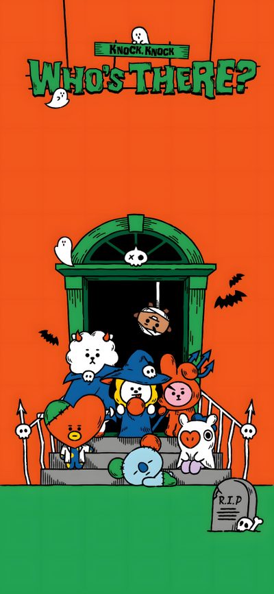 an image of cartoon characters in front of a door with the words who's there? Bt21 Halloween Bt21 Pumpkin Painting, Bt21 Fall, Bt21 Thanksgiving, Bt21 Halloween, Bt21 Pumpkin, chocolate