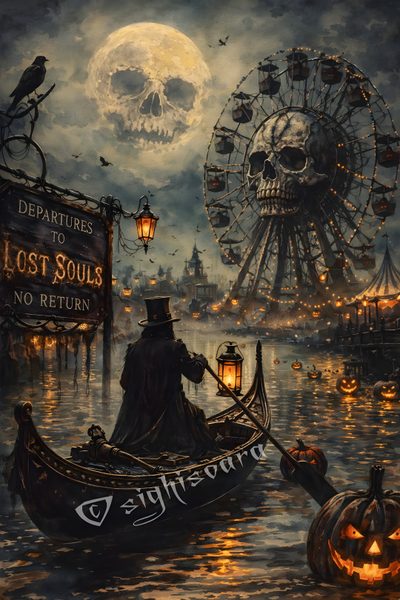 a painting of a man in a boat on the water Halloween Steampunk Halloween Artwork, Literature, Halloween, dark slate gray