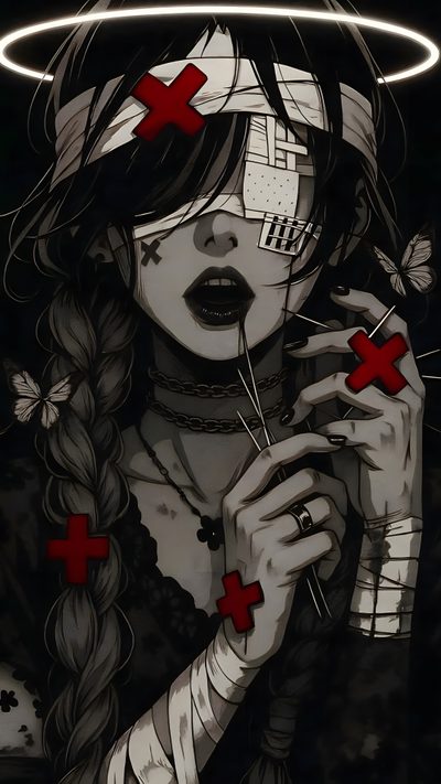 a woman with crosses on her face holding scissors Halloween Girl Bandage, Creepy Cool, Character, Edgy, Emo Art, Akali League Of Legends, black