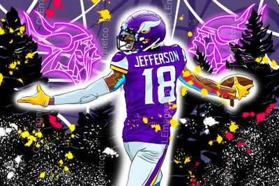 a painting of a football player in purple and yellow Justin Jefferson Halloween Justin Jefferson Fan Art, Justin Jefferson Art, Justin Jefferson Drawing, dark slate blue