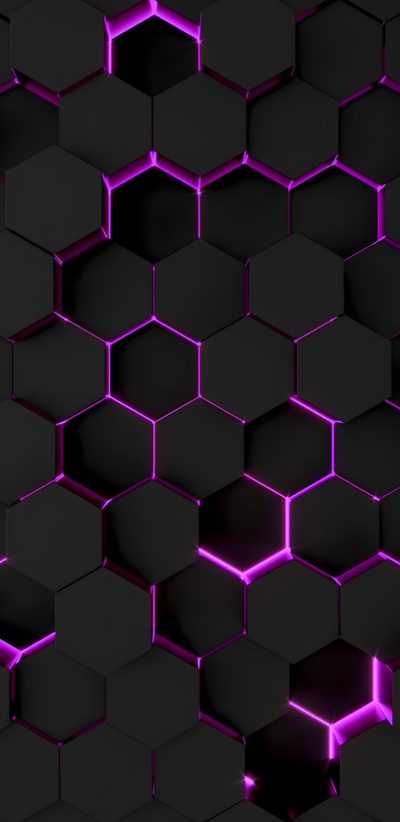 purple hexagonals on black background with light coming from the top and bottom Halloween Hexagon Neon Hexagon Aesthetic, Black Purple Hexagon, Hexagonal Magenta Energy, Hexa,