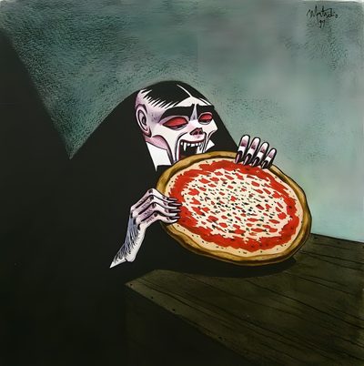 a drawing of a skeleton holding a pizza Halloween Pizza Cartoon Arte Dell'illustrazione, Arte De Rua, Funky Art, Halloween Art, dark slate gray
