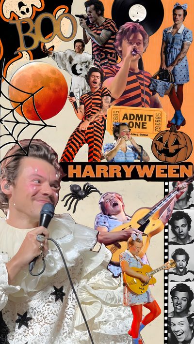 a collage of photos with an image of a man singing into a microphone Harry Styles Happy Halloween Iphone Harry Styles Halloween, Halloween, Harry Styles Classic Fall Fun, rosy brown
