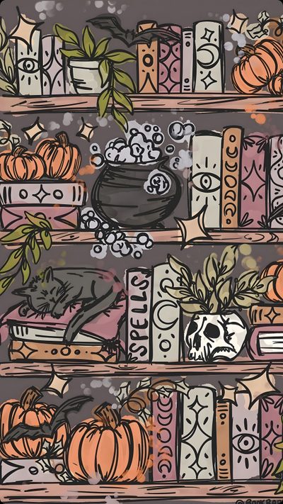 a shelf with books and pumpkins on it Halloween Book Spooky Fall Phone, Ipad Spooky, Spooky Themed Phone Background, dim gray