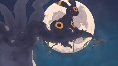 a cartoon character sitting on top of a tree branch in front of a full moon Umbreon Halloween 1920x1080 Umbreon Discord Banner, Umbreon Ipad, Umbreon Banner, Umbreon Pc, dark slate gray