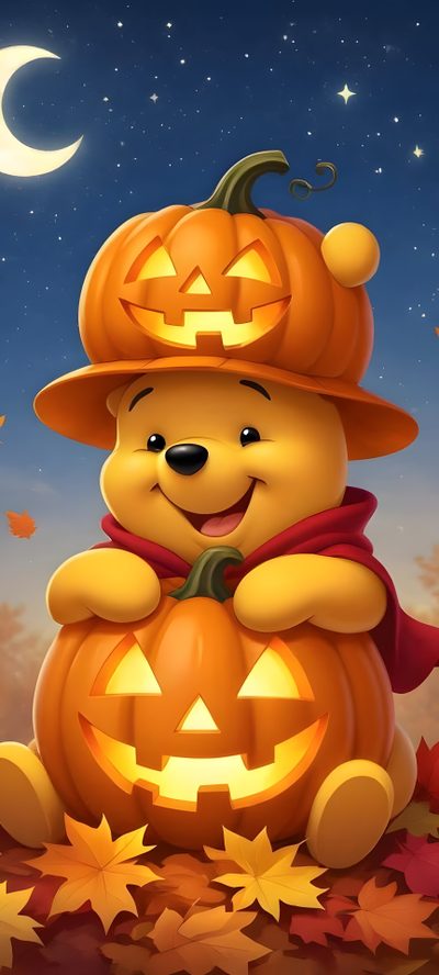 a teddy bear sitting on top of a pile of pumpkins in front of a full moon Halloween Winnie The Pooh Winnie The Pooh Skeleton, Pooh Iphone, Eeyore Images, Winnie The Pooh Gif, sienna