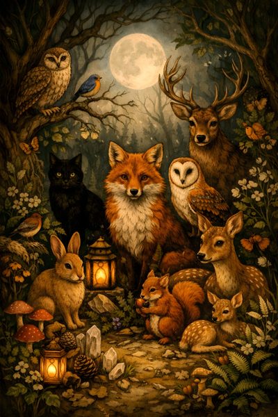 a painting of many animals in the woods with a full moon behind them and an owl sitting on top of another animal Halloween Forest Animals Noctural Animals, Night Time Animals, Forest Animals Together, maroon