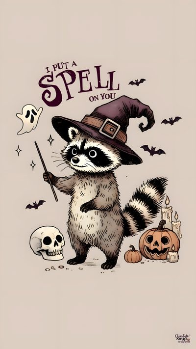 a raccoon wearing a witches hat and holding a broom with skulls on it Halloween Raccoon Cute Spooky Iphone, Halloween Phone Backgrounds Fall, Cute Halloween Phone Backgrounds, light gray