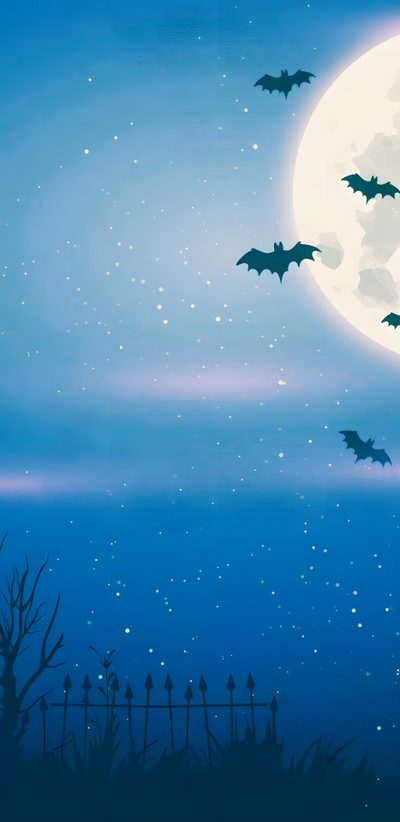 bats flying in the night sky over a fence and tree with full moon behind it Light Blue Halloween Halloween Sky Iphone, Bat Background Hd, Bats In The Moonlight,
