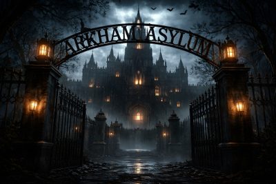 the entrance to arkham asymum is lit up in front of a castle Arkham Halloween Arkham Asylum, Arkham Asylum Tattoo, Arkum Asylum, Joker Arkham, Batman Arkham Asylum, black