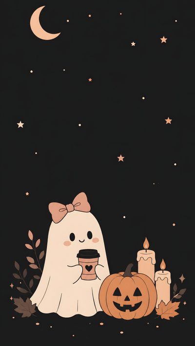 a cartoon ghost with pumpkins and candles in the dark night sky, holding a cup Halloween Home Screen Peach Color Palettes, Halloween Magic, Candle Glow, Cute Bows, Halloween Ghosts, black