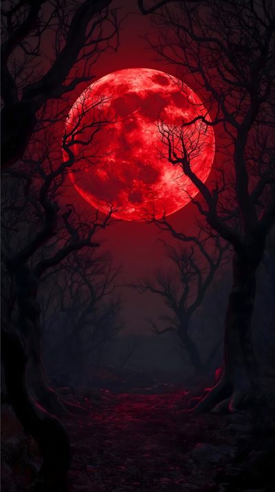 a red full moon is seen through the trees in this creepy forest scene with dark, spooky branches Red Moon Halloween Dark Red Moon, Vampire Blood Moon, Red Blood Moon, Blood Moon Art, black