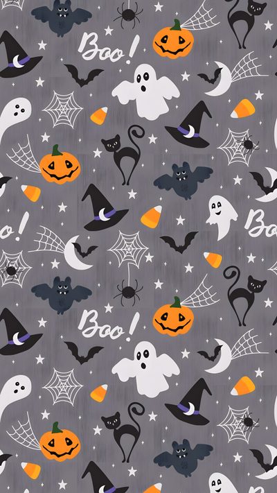 halloween seamless background with pumpkins, bats and ghost heads on grey fabric by the yard Halloween Themed For Kids Halloween Candy For Walls, Halloween Ghost Pattern, Haunted House Paper Pack, gray