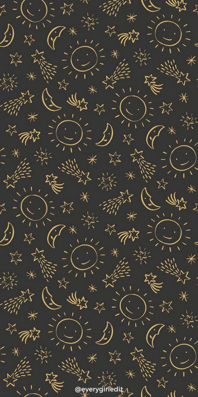 the sun, moon and stars are drawn in gold on a black background Halloween Sun Pattern Celestial Halloween, Fall Celestial, Halloween Star, dark slate gray