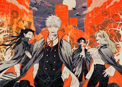 an image of some anime characters in front of a cityscape with birds flying overhead Jujustu Kaisen Halloween 1920x1080 Megumi Halloween, Jujutsu Kaisen Official Art Manga, Jujutsu Kaisen Halloween, sienna