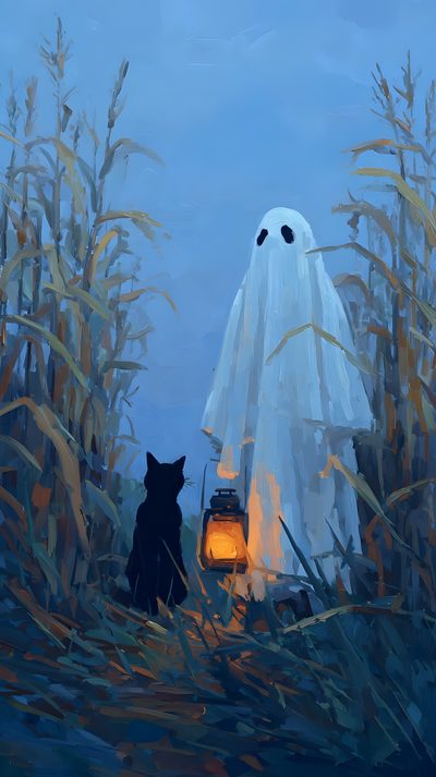 a painting of two cats sitting in front of a white ghost with a lantern on it Aesthetic Cute Halloween Blue Halloween Aesthetic Cute, Halloween Time, Halloween Illustration Art, slate gray