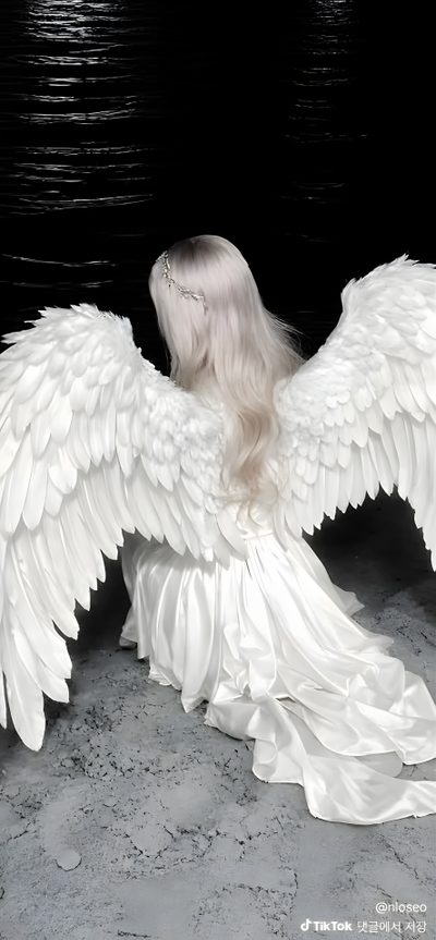 an angel with white hair sitting on the ground Halloween Angel Angel Lockscreen, Angelcore, Dark Angelcore, Long White Hair, White Angel Wings, dark gray