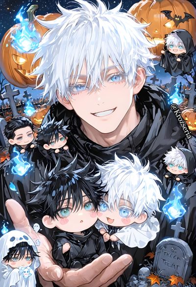 an anime character with white hair and blue eyes is holding two children in his arms Jjk Halloween Gojo And Cat, Phone Themes, Black, Jujutsu, Anime Boy, Tokyo, gray