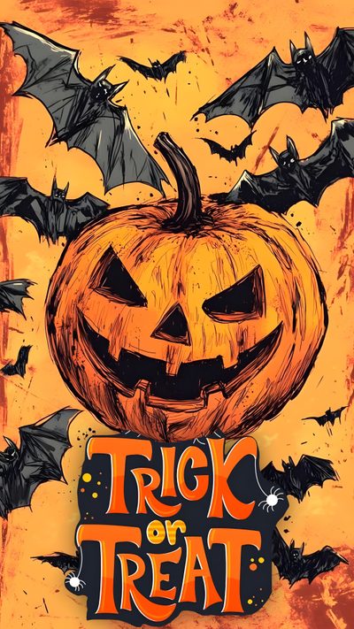 a pumpkin with bats around it and the words trick or treat Large Scale Halloween Trick Or Treats Halloween Spooktacular, Halloween Clips, Halloween Inspo, peru