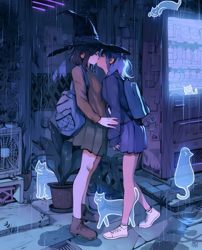 two people are kissing in the rain under an umbrella with cats on it and one is wearing a witch's hat Sapphic Halloween Witch Kiss, Spooky Lesbian, 2 Witches Art, Two Witches Art, dark slate blue