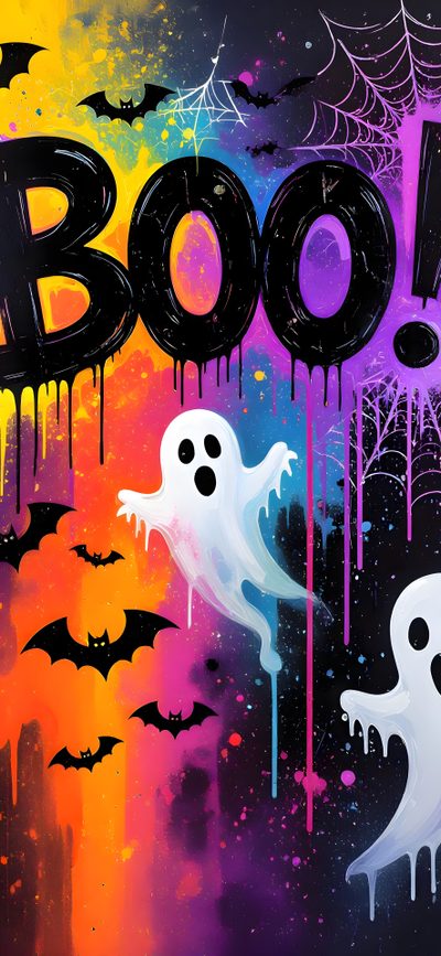 the word boo spelled out with spooky bats and ghost faces in front of a colorful background Halloween Liquid Boo Printable And Halloween Cute, Halloween Colors, Neon Halloween Art, dark slate gray