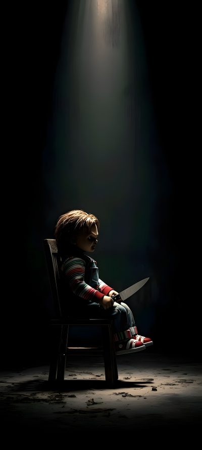 a child sitting in a chair with a light shining down on him and his head turned to the side Halloween Iphone Chucky Creepy Art, Problem Child, Chucky, Chucky Hd 4k, Full Hd Chucky, Phone Art, black